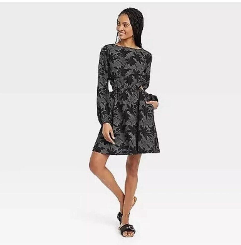 Universal Thread Balloon Long Sleeve Mini A-Line Dress - Black Floral Women's XS